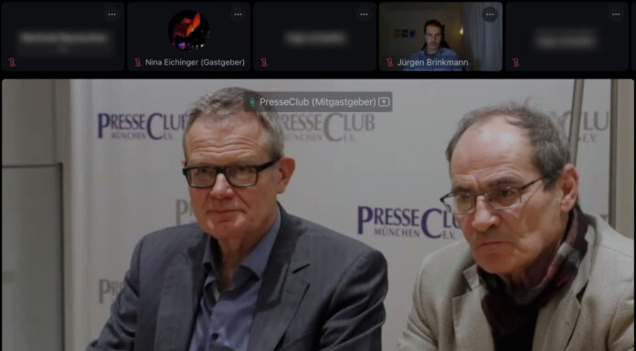 TELI-Jour-fixe über KI: Geist aus der Flasche KI-Podiumsdiskussion der TELI: Roland Schäfer (links) diskutierte mit Arno Kral im PresseClub, Jürgen Brinkmann war online dazugeschaltet.